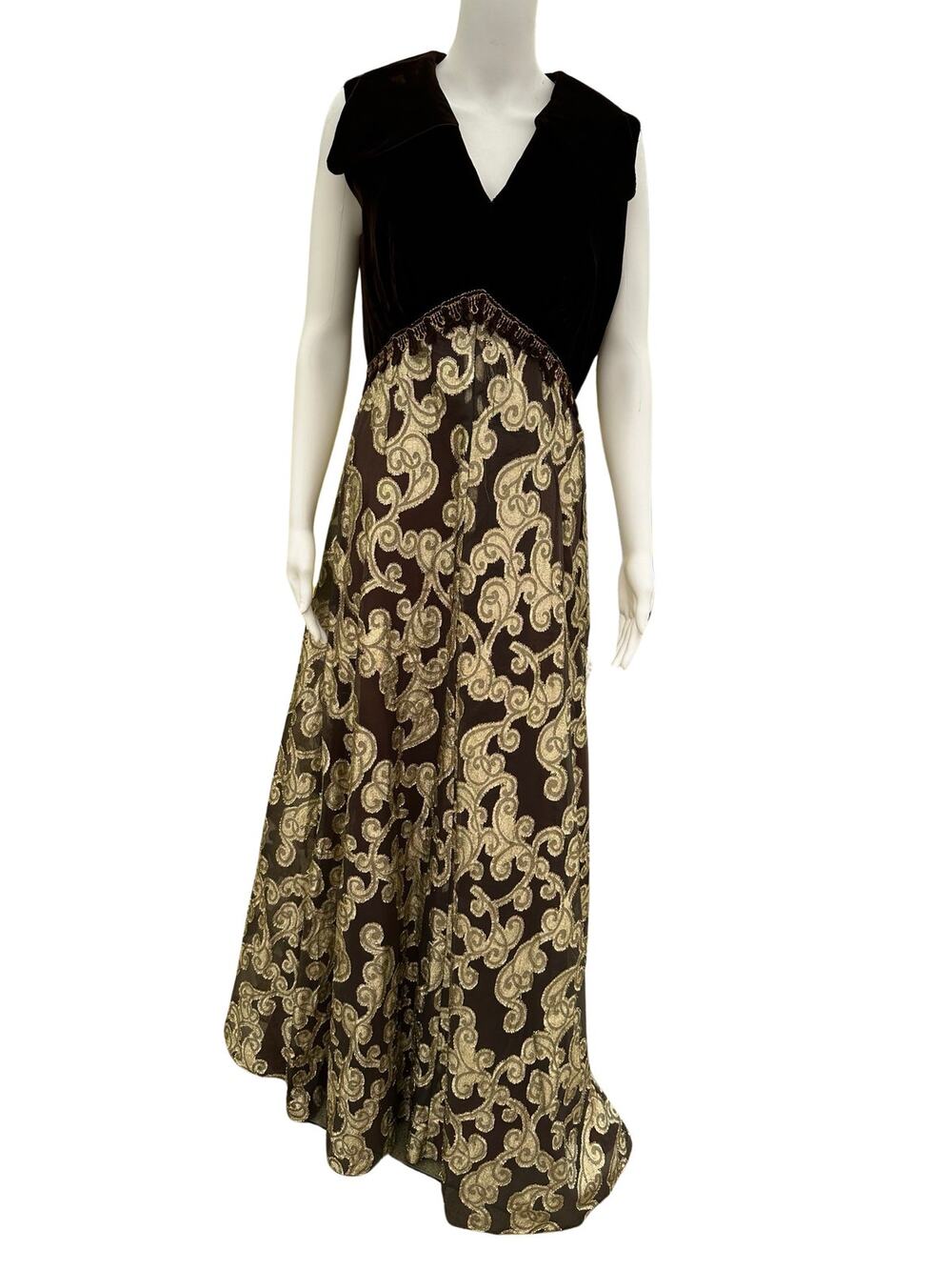 Brown and Gold Velvet and Lace Vintage Maxi Dress Med/Large